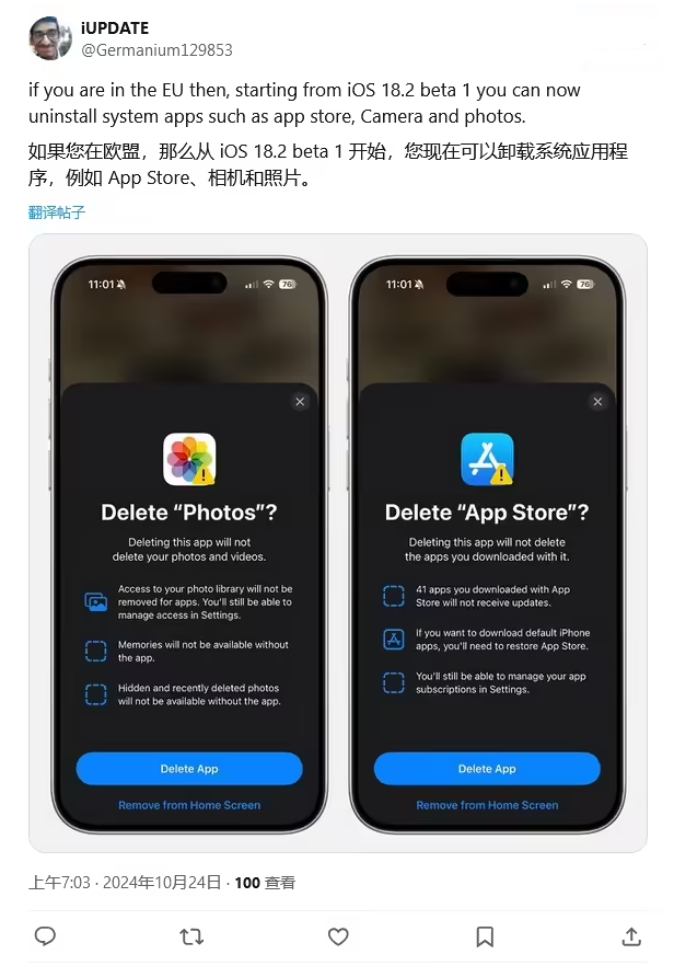 连云港苹果手机维修分享iOS 18.2 支持删除 App Store 应用商店 