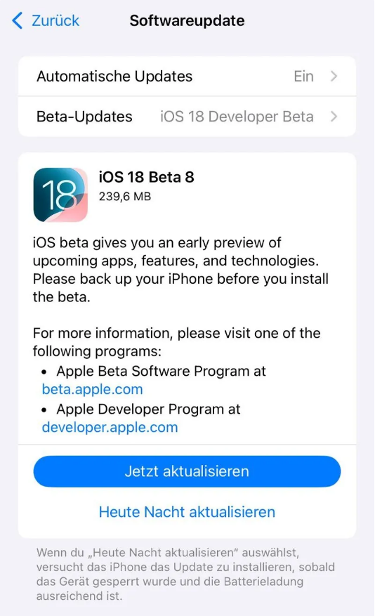 连云港苹果手机维修分享苹果 iOS / iPadOS 18 开发者预览版 Beta 8 发布 